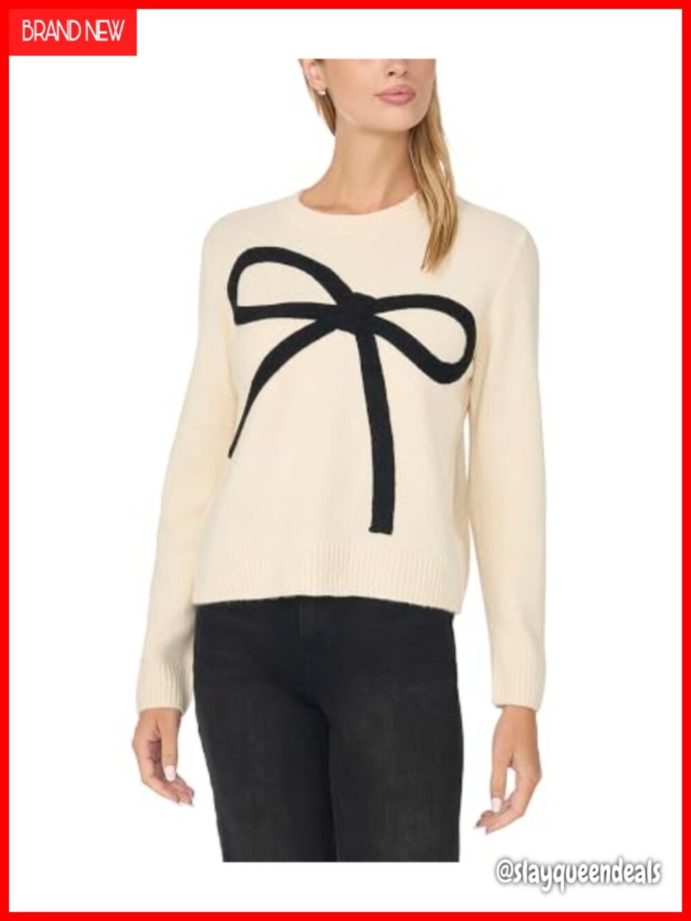 Long Sleeve Contrast Bow Sweater Cotton Acrylic Pullover